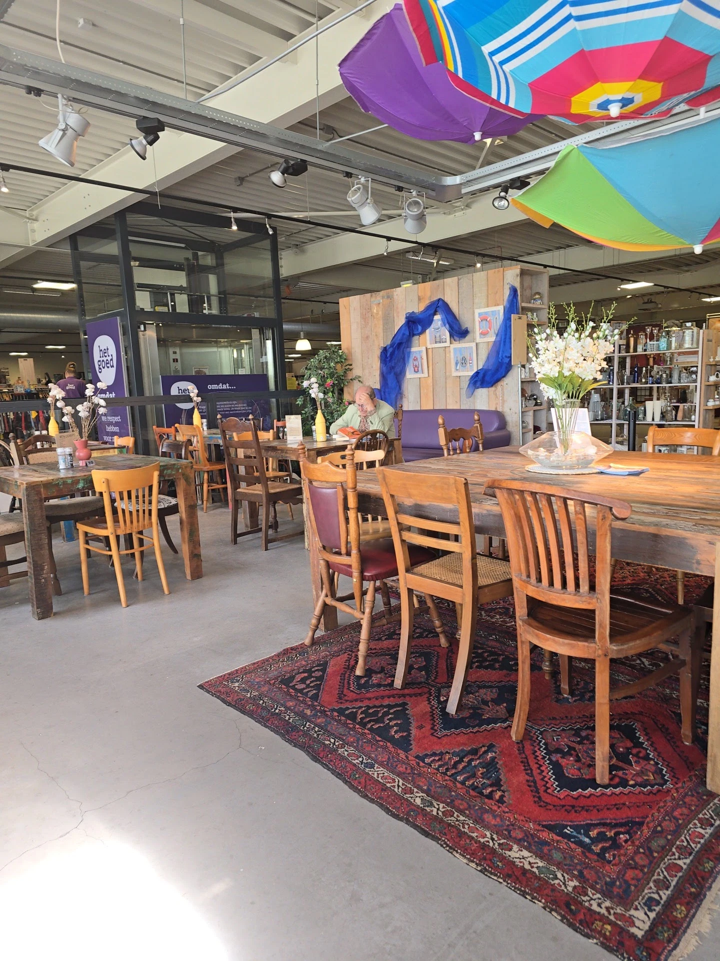 Interieur van kringloopwinkel met houten tafels, stoelen, blauwe wanddecoratie en plantenbakken