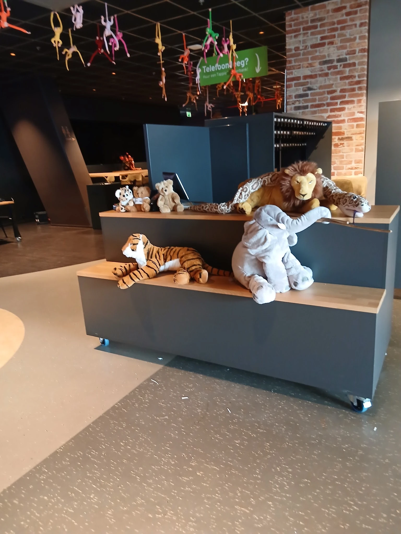 Uitgestalde pluchen dieren en knuffels op trappen in verschillende maten en kleuren
