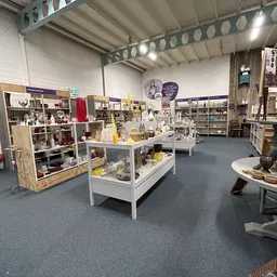 Ruim winkelsinterieur met verschillende stellingen, vitrinekasten en schappen vol met tweedehands artikelen en huishoudwaren