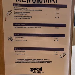 Menukaart met broodjes, warme broodjes, tosti's en snacks met prijzen in euros