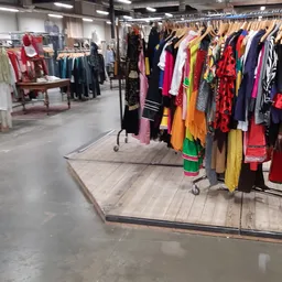 Rekken met kleurrijke tweedehands kleding en kledingstukken in de kringloopwinkel