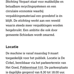 Tekstfragment over circulaire economie en verpakkingsmateriaal met informatie over locatie en openingstijden
