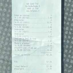 Kassabon van Het Goed met diverse aankopen en totaalbedrag van €121,58