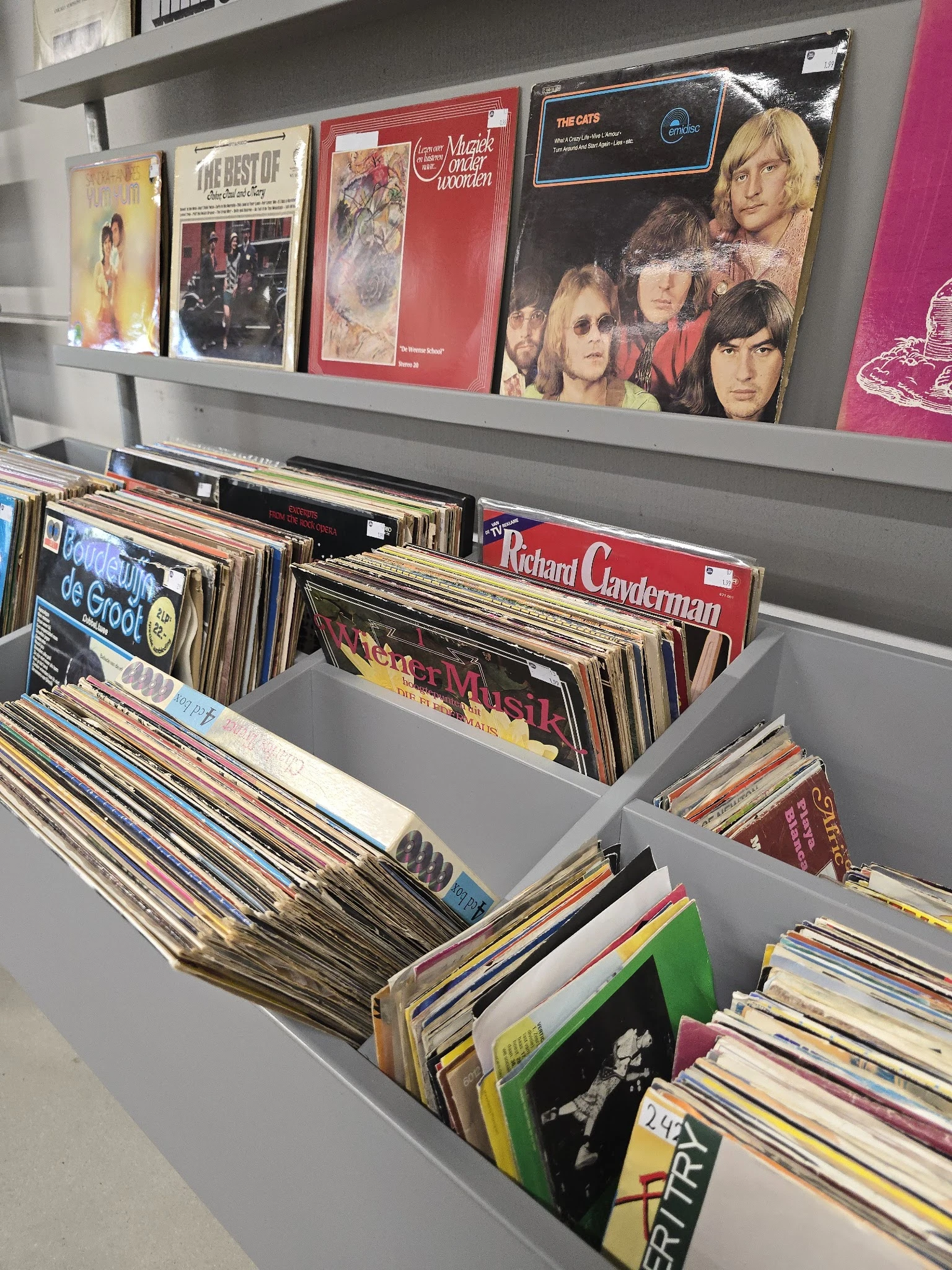 Rekken met vinyl LP's en cd's in dozen, waaronder albums van Richard Clayderman en andere klassieke muziek