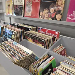 Rekken met vinyl LP's en cd's in dozen, waaronder albums van Richard Clayderman en andere klassieke muziek
