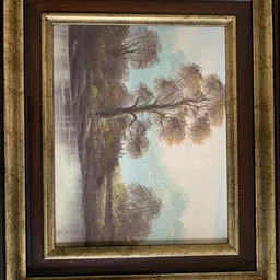 Schilderij in gouden lijst met landschapstafereel en boom