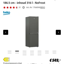Grijze vrijstaande koelkast-vriezer van Beko, tweedeurmodel