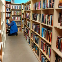 Kind zoekt boeken in een gangpad tussen houten boekenkasten in de winkel