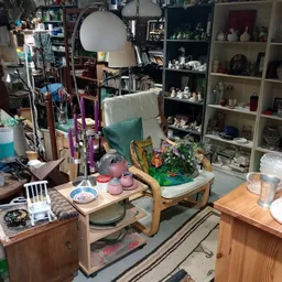 Winkelbinnenruimte met houten tafels, plantenbak, servies, lampen en gevulde stellingen tegen de muur