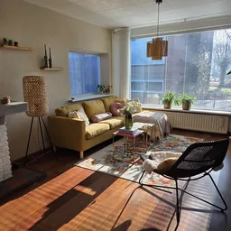 Verzorgd winkeltafereel met gele bank, zwarte fauteuil, salontafel en plantjes bij grote ramen