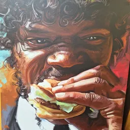 Kunstwerk of muurschildering met portret van man met baard die in een hamburger bijt