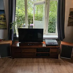 Houten tv-meubel met zwarte tv, draaitafel en versterker tegen raam met groene tuin