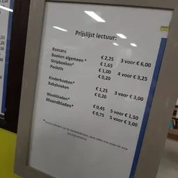 Prijslijst voor boeken en bladen in een kringloopwinkel