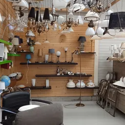 Wandkasten en planken met diverse lampen, lampenkappen en huishoudelijke artikelen