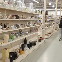 Stellingen met diverse huishoudelijke artikelen, glaswerk, flessen en decoratiespullen in een kringloopwinkel