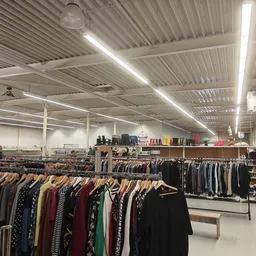 Ruime winkelhal met rekken vol tweedehands kleding, LED-verlichting en uitstallingen