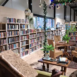Boekenrekken langs de muur van een kringloopwinkel met zithoeken, planten en decoratie