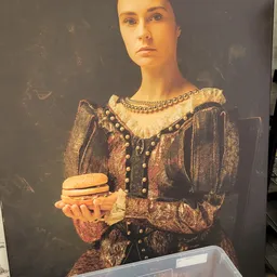 Schilderij van een vrouw in middeleeuwse kledij met een hamburger
