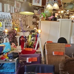 Binnenaanzicht van kringloopwinkel met stellingen, lampen, tassen en diverse tweedehandsartikelen
