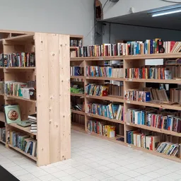 Houten boekenkasten met duizenden tweedehands boeken in een kringloopwinkel
