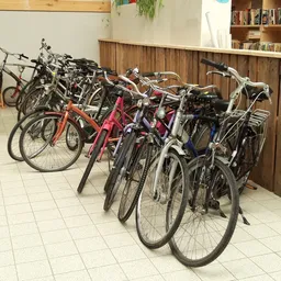 Verzameling tweedehands fietsen in verschillende kleuren tegen houten wand in winkelinterieur