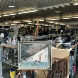 Overzicht van de kringloopwinkel met stellingen vol spullen, een schilderij op een ezel vooraan, en diverse huishoudelijke ar