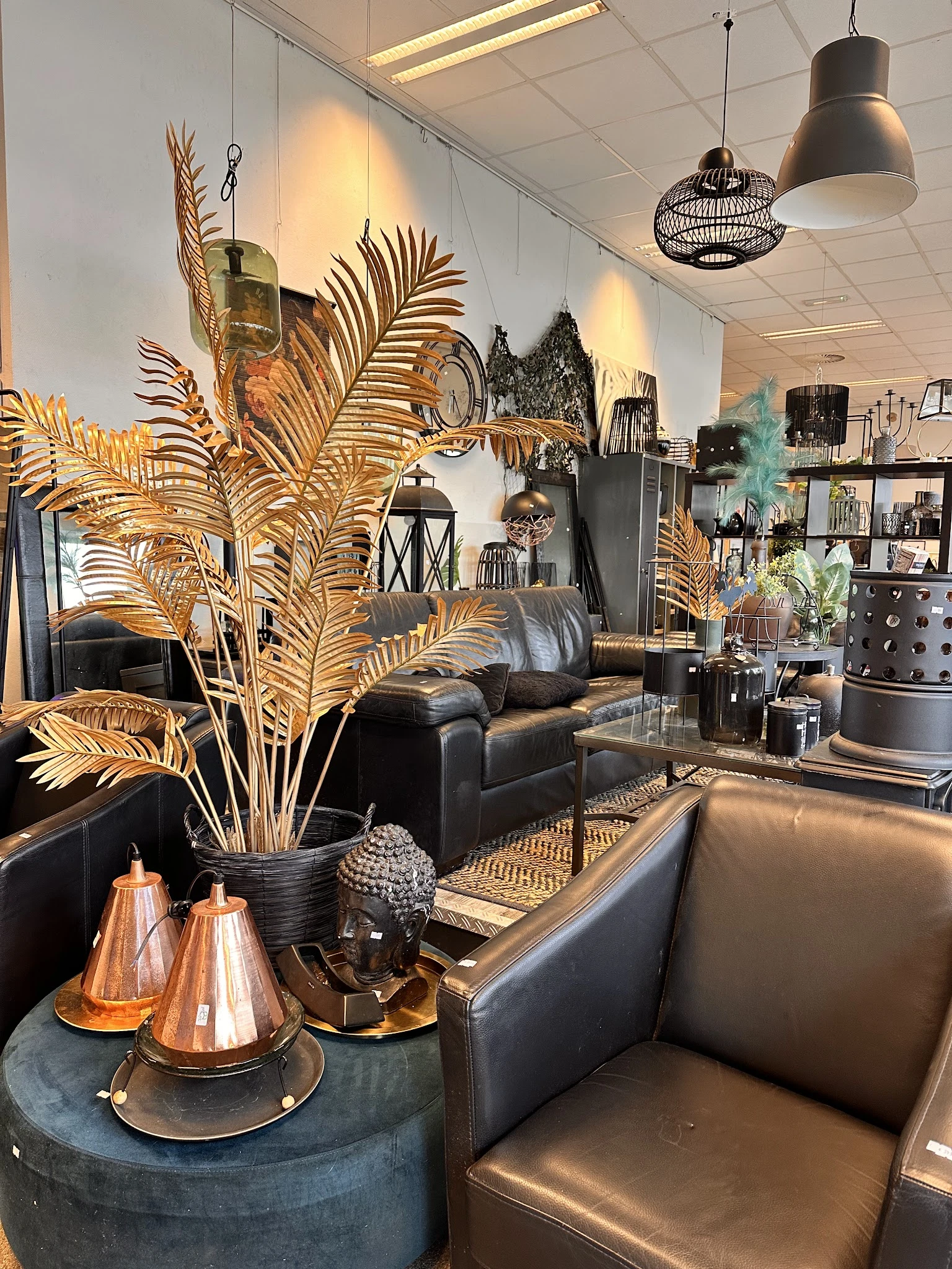Sfeervolle winkelruimte met zwarte leunstoel, gouden decoratieve palmtakken, boekenkasten en diverse huisraadartikelen