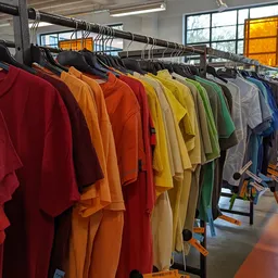 Rekken met kleurig gesorteerde tweedehands kleding in verschillende kleuren