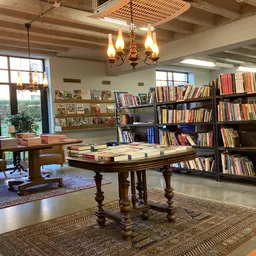 Ruime winkelruimte met boekenkasten, houten tafels met boeken, kroonluchter en grote ramen met uitzicht op groen.