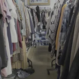 Rekken met tweedehands kleding in verschillende kleuren en patronen