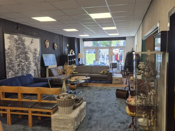 Winkelvloer met zithoeken, meubels, kunstwerken aan muren en vintage spullen op display