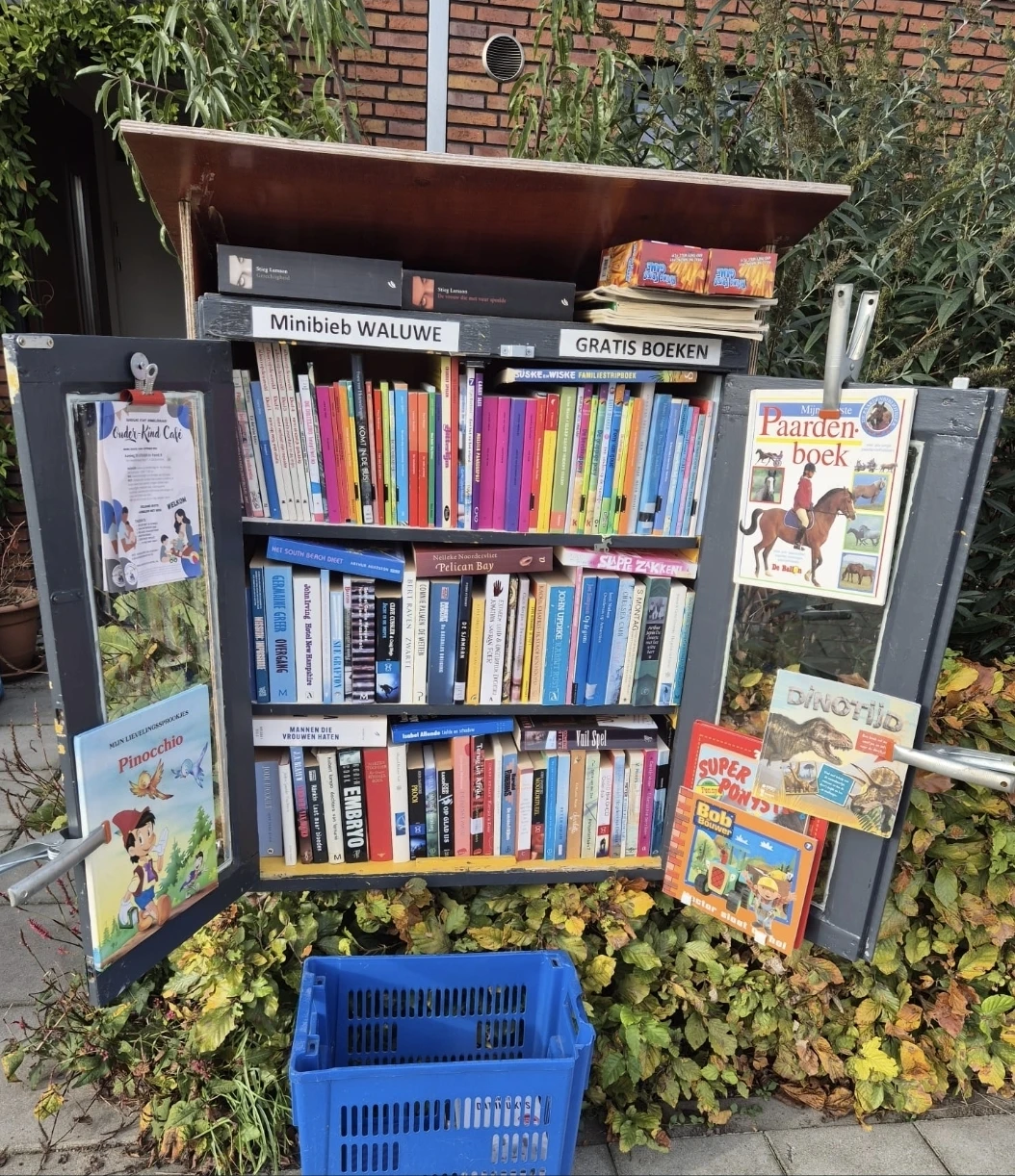 Opengestelde boekenkast vol met tweedehands boeken, kinderboeken en strips op verschillende planken