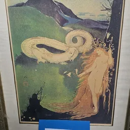 Art nouveau illustratie met een naakte vrouw en een slangenachtig wezen op groene achtergrond