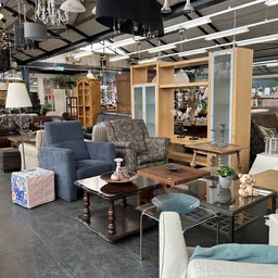 Winkelvloer met diverse meubels: blauwe fauteuil, gebloemde stoel, houten kasten en tafels, speelgoed, plantjes en lampen.