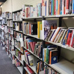 Boekenrekken met alfabetische ordening en diverse tweedehands boeken in een kringloopwinkel