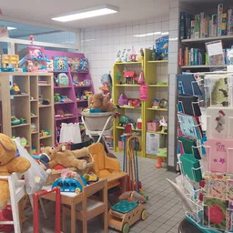 Winkelvloer met speelgoed, knuffels, boekenrekken en kleurige stellingen in een kringloopwinkel