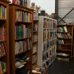 Boekenkasten met boeken in een kringloopwinkel