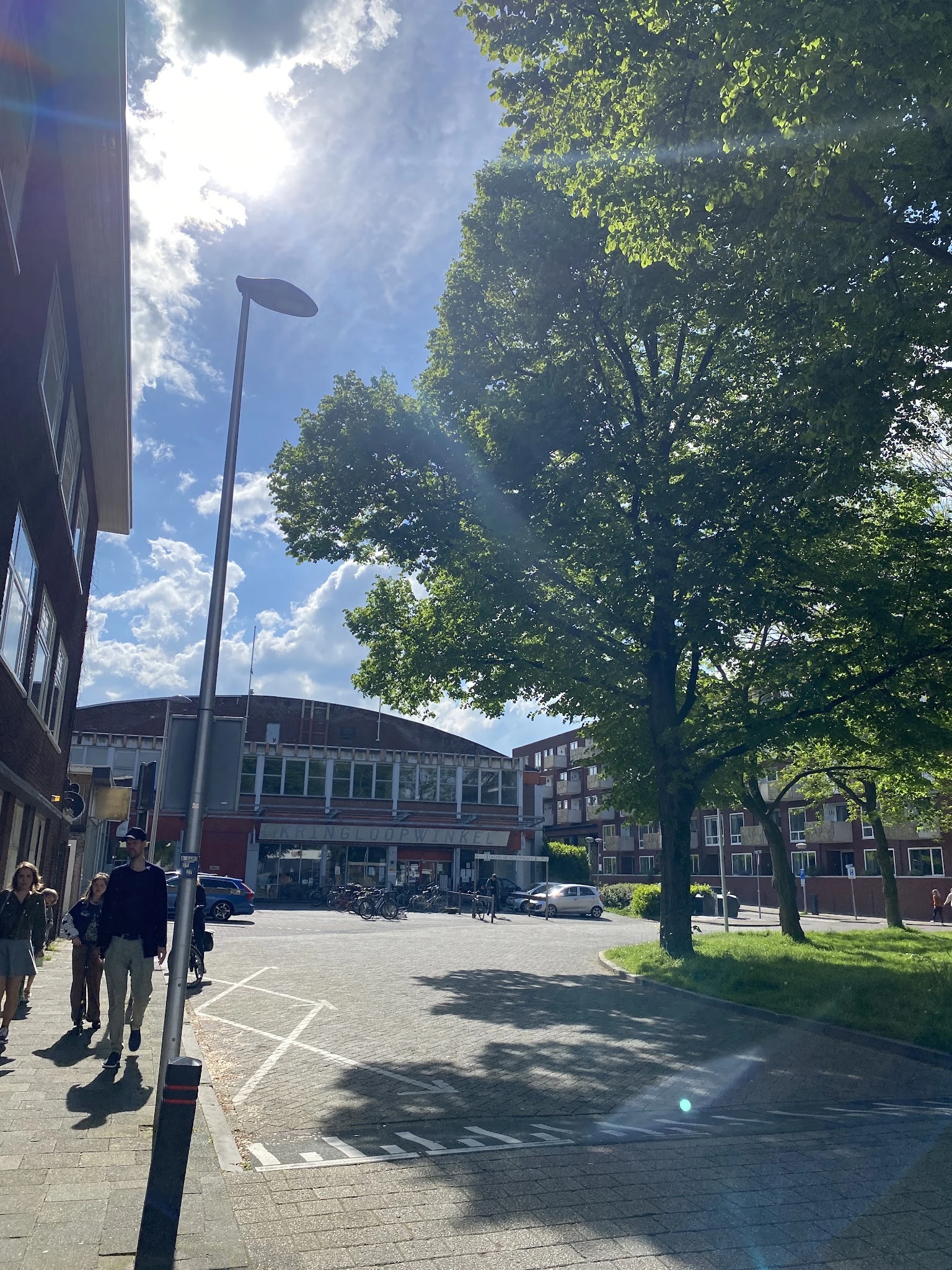 Winkelstraat met modern pand en groene bomen, helder weer