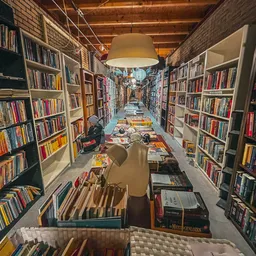 Lange smalle winkelgang met boekenkasten aan beide zijden, boeken op tafels in het midden, hangende lamp, zicht naar het acht