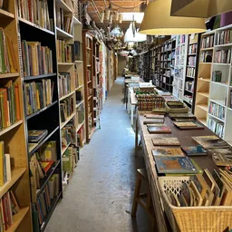 Lange winkelgang met boeken in kasten aan beide zijden en tafels met uitgelegde boeken in het midden