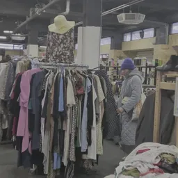 Rekken met tweedehands kleding, waaronder jurken en blouses in verschillende kleuren en patronen