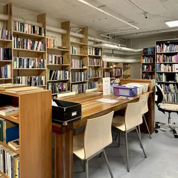 Bibliotheekruimte met houten werkafels, witte stoelen en boekenkasten langs de wanden
