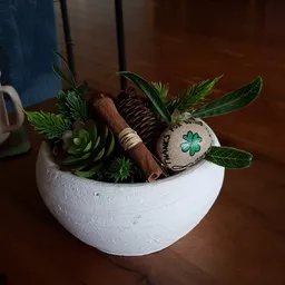 Witte halfronde pot met succulenten, decoratieve takken en houten accessoires