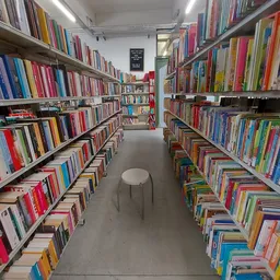Boekenrekken in een kringloopwinkel met gekleurde boegenrijen aan beide zijden van een gangpad, met een witte kruk in het mid