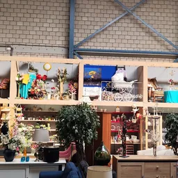 Interieur van kringloopwinkel met houten stellingen vol huishoudartikelen, decoraties, planten en meubels tegen bakstenen muu