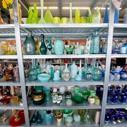 Metalen stellingkast met turquoise en groene huishoudelijke artikelen, vazen, kannen en serviesgoed netjes uitgestald