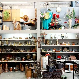 Kasten vol met tweedehands huishoudartikelen, decoratie en verschillende verzamelbakken in de kringloopwinkel