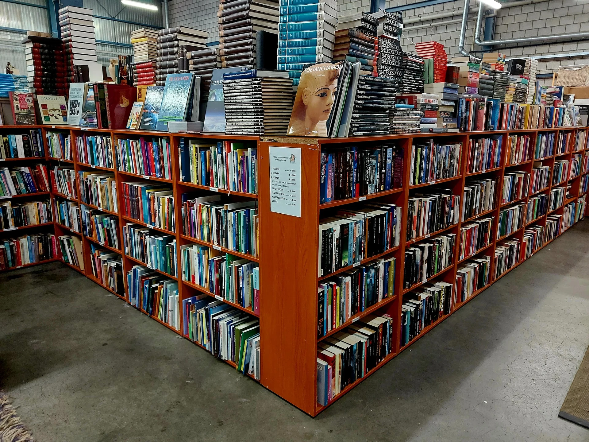 Uitgebreide boekenrekken met grote verscheidenheid aan tweedehands boeken in verschillende kleuren en formaten
