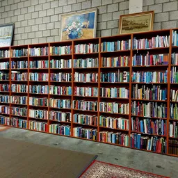 Grote boekenkast met honderden tweedehands boeken netjes uitgestald in rode stellingen tegen witte muur