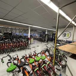 Rijen met tweedehands fietsen met groene en rode zadelkanten in een kringloopwinkel